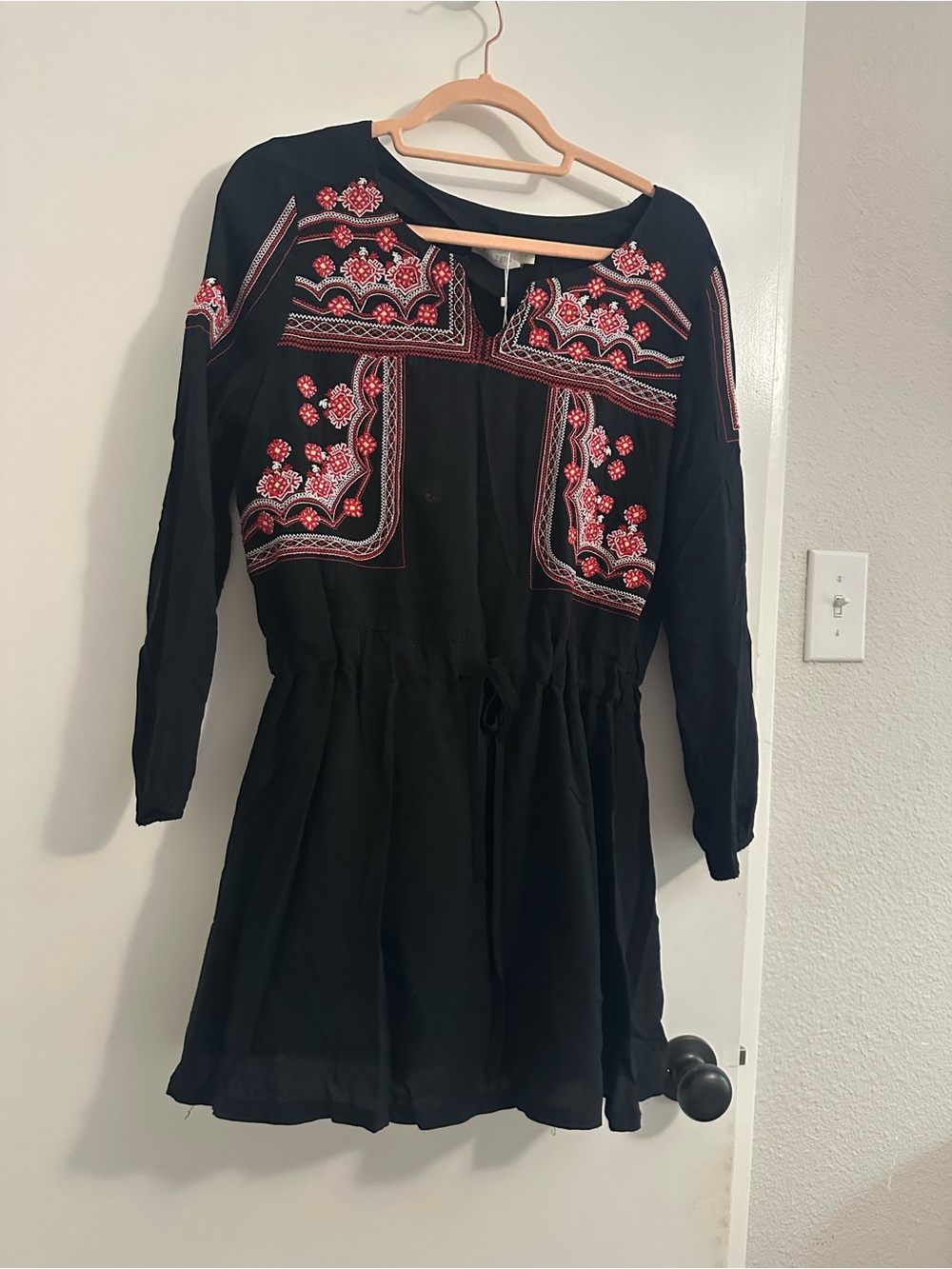 NWT Black Embroidered Boho Dress | Adjustable Waist | Size S